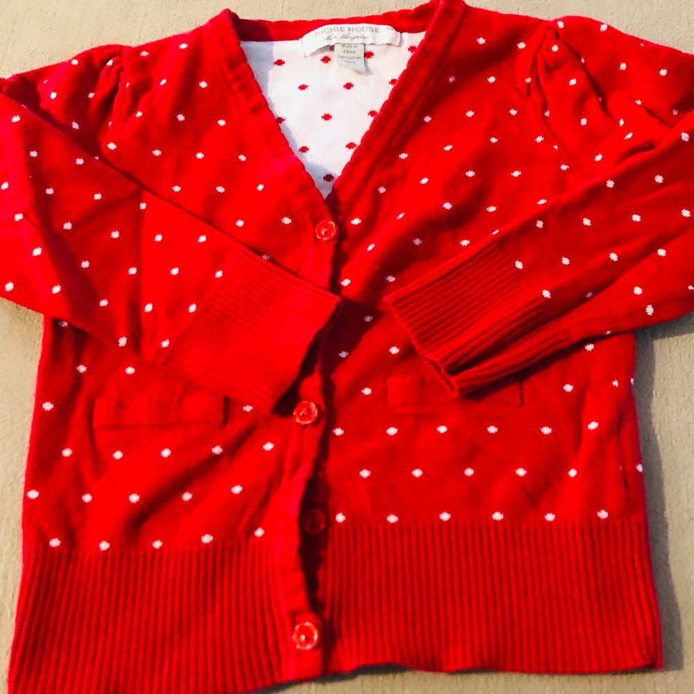 Richie House Girls Red Polka Dot Cardigan Sweater Long Sleeves V-neck Size 2/3